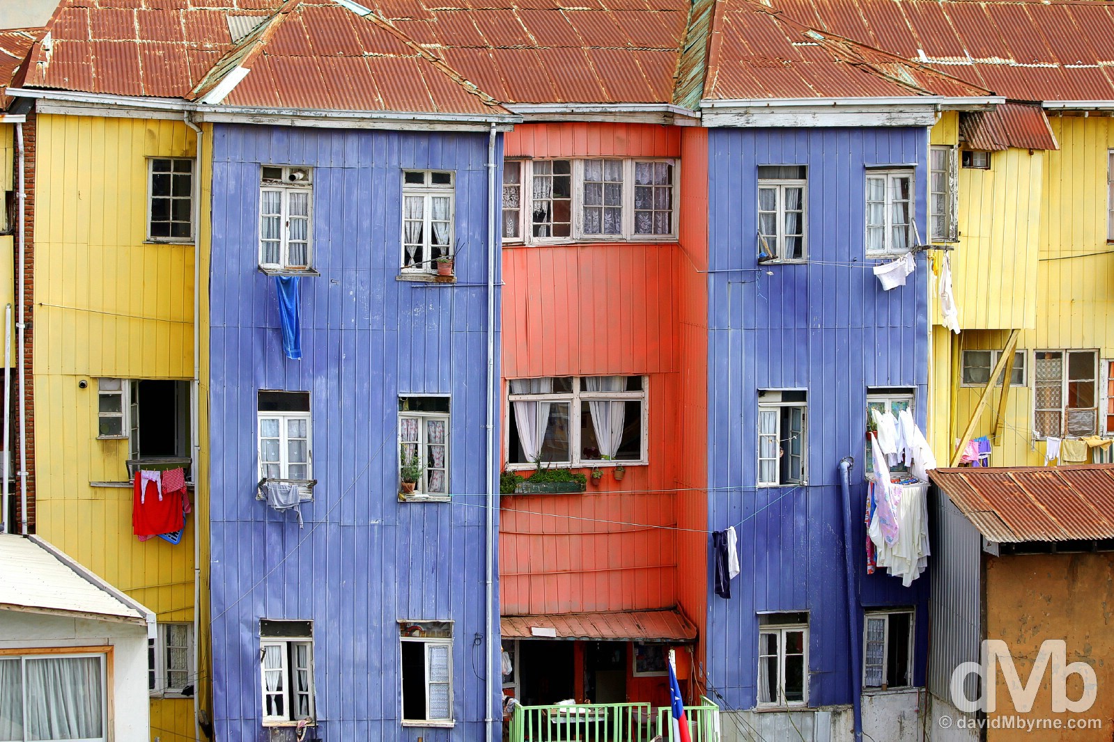 A row of corrugated iron buildings in the Bellavista district of Valparaiso, Chile. October 8, 2015. 