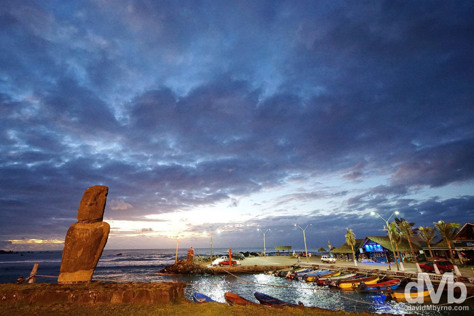 Dusk in overlooking the harbour in Hanga Roa, Easter Island, Chile. October 2, 2015.