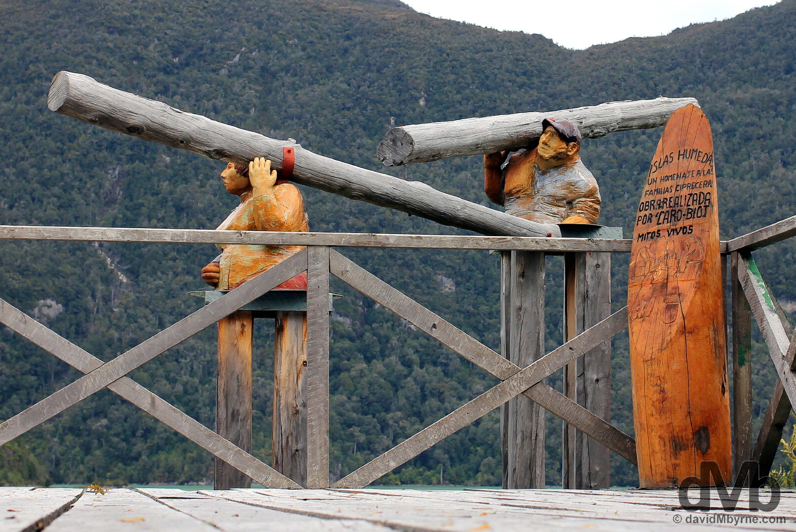 Logging statues in Plaza Orompello, Caleta Tortel, Aysen, Chile. October 29, 2015.