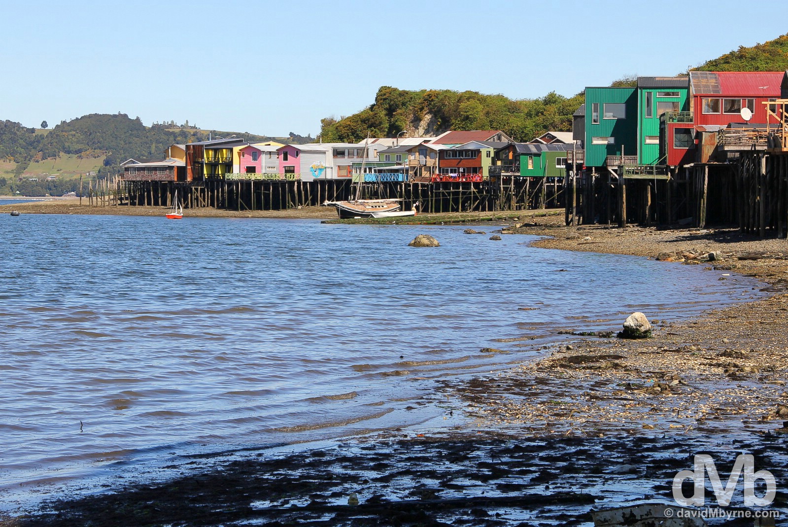 Palafitos at low tide in Castro, Chiloe, Chile. October 22, 2015.