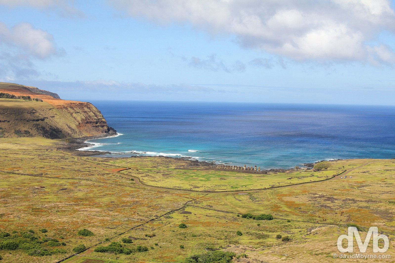 The view from the ridge of Rano Raraku crater on Easter Island, Chile. October 1, 2015.