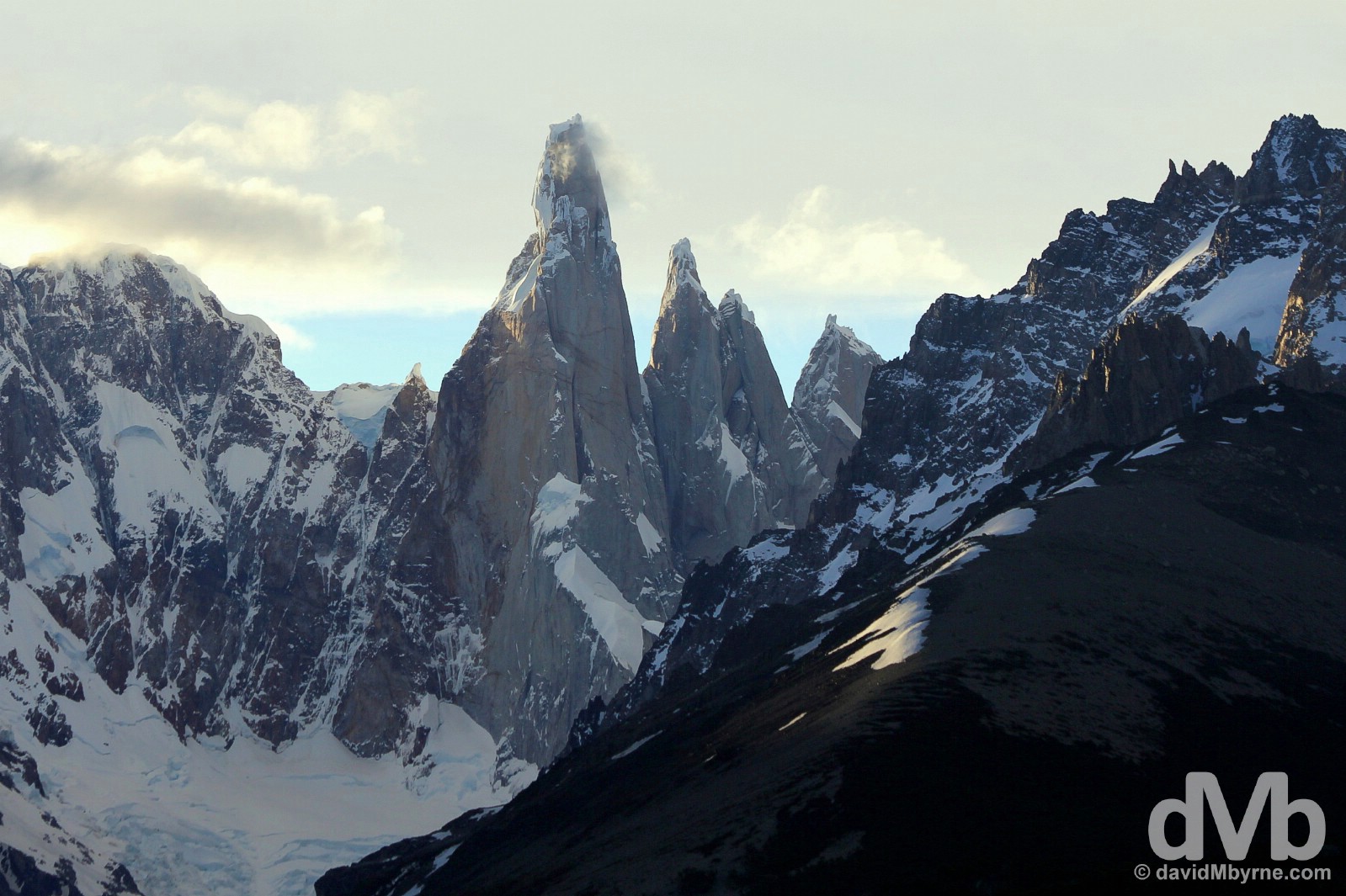 The last rays of the day on the distinctive, needle-like peak of Cerro Torre in Parque Nacional Los Glaciares, southern Patagonia, Argentina. November 3, 2015.