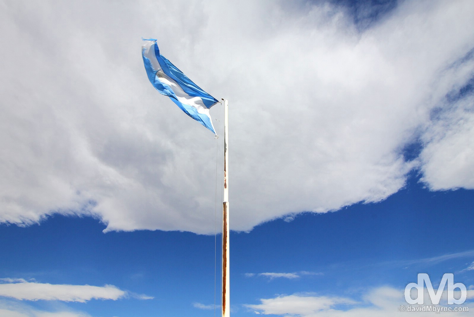 Argentinian flag at the Rio Jeinimeni border crossing between Chile & Argentina. October 31, 2015.