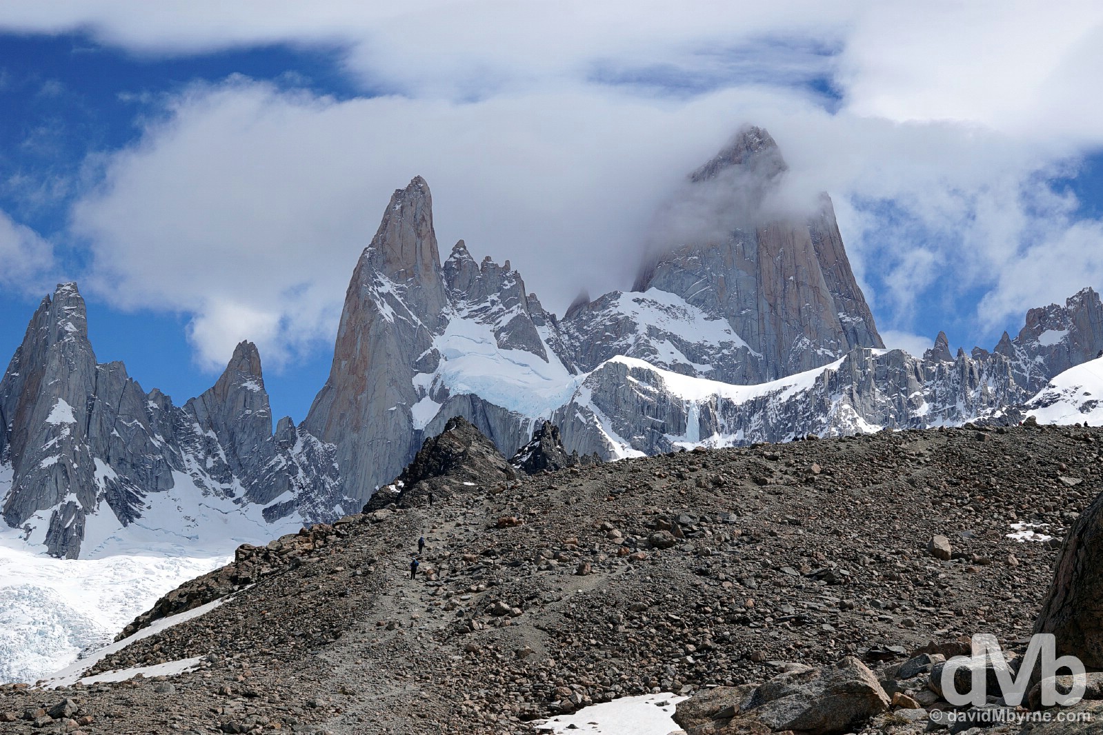 Hiking towards the cloud-covered peaks of the Fitz Roy sector of Parque Nacional Los Glaciares, southern Patagonia, Argentina. November 4, 2015.