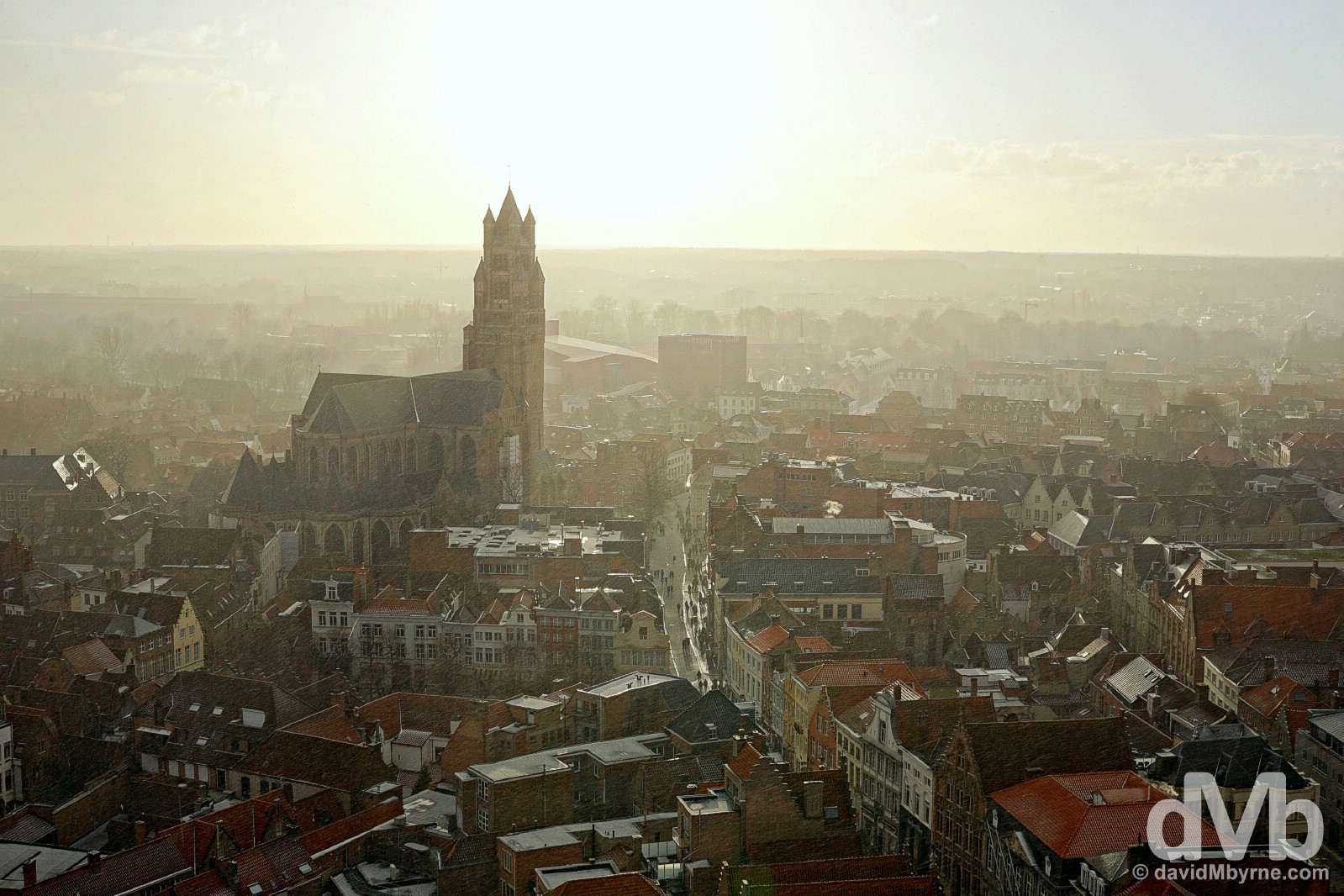St Salvatorskathedraal and western Bruges during a late afternoon hail shower as seen from the city's Belfort. Bruges, western Flanders, Belgium. January 16, 2015. 