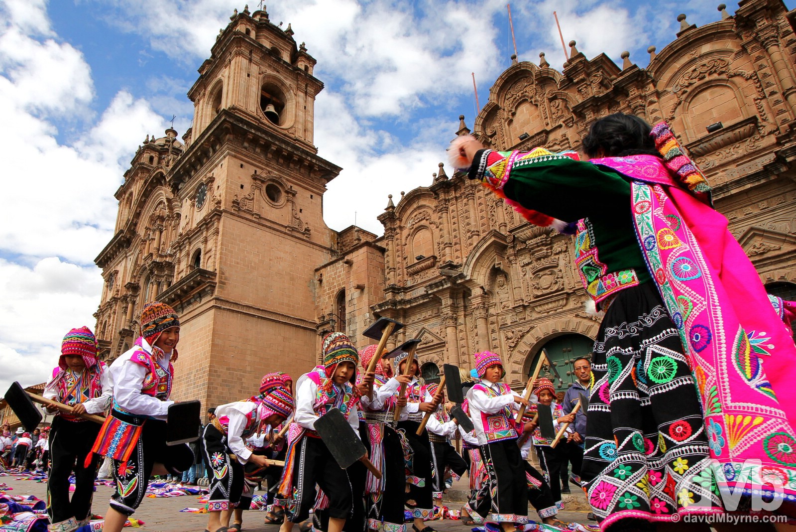Festival activity outside the twin-towered La Compania de Jesus on Plaza de Armas, Cusco, Peru. August 16, 2015.