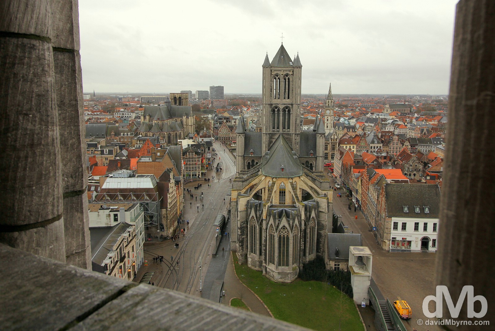 Sint Niklaaskerk/St. Nicholas' Church as seen from the windswept 91-metre-tall, UNESCO-listed Belfry in Ghent, western Flanders, Belgium. January 15, 2016.