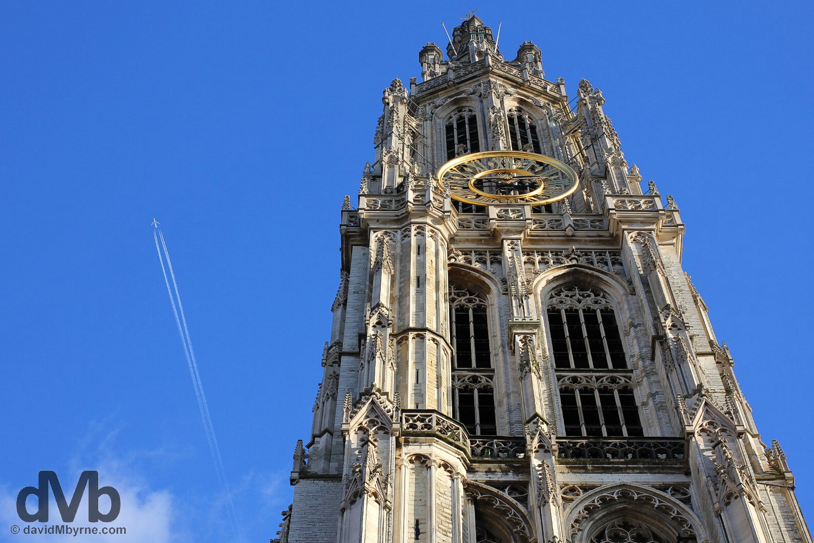 Tower of the Onze Lieve Vrouwekathedraal in Handschoen Markt, central Antwerp, Belgium. January 17, 2016.