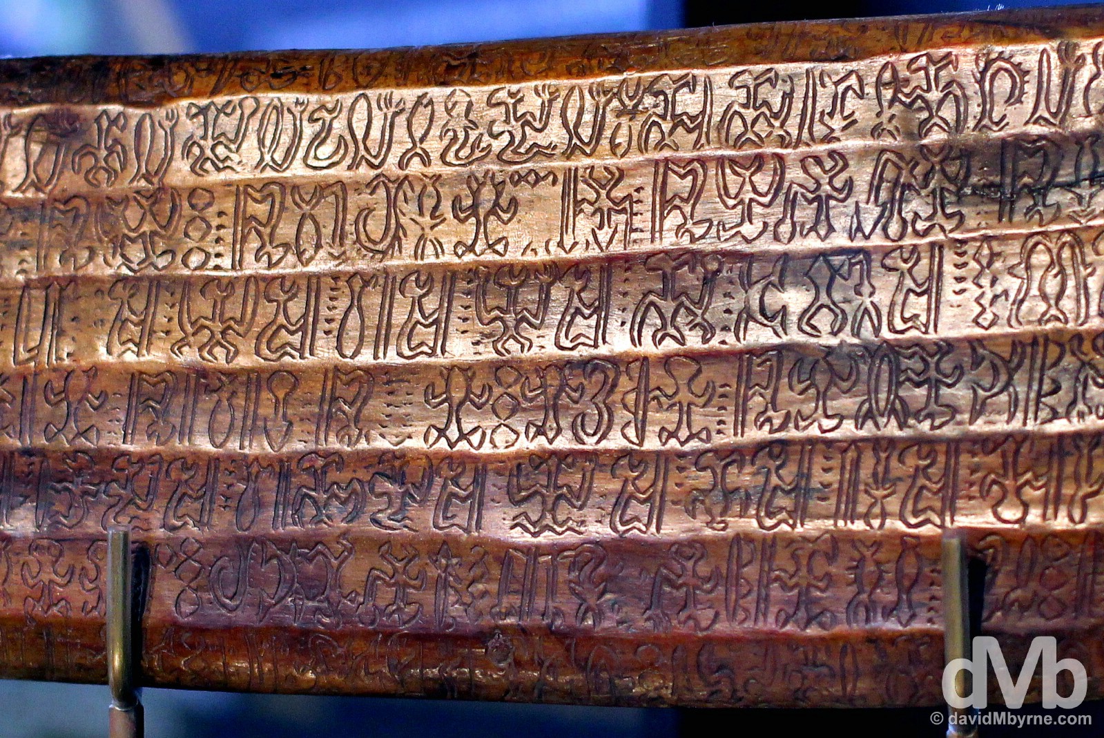 A Rongorongo tablet on display in the Museo Antropologico P. Sebastian Englert, Easter Island, Chile. September 30, 2015.
