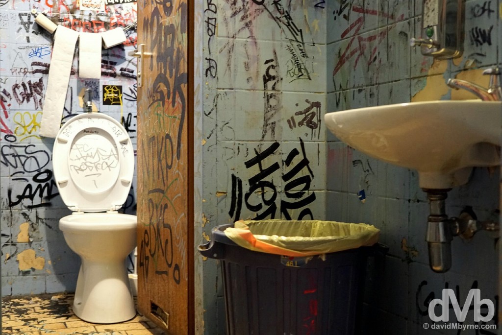 Dive bar toilet in the trendy, alternative Kreuzberg district of Berlin, Germany. January 23, 2016.