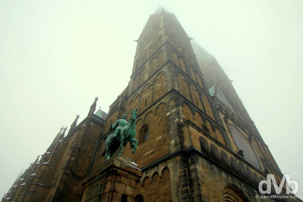 The cathedral, Dom St Petri, overlooking Marketplace in Bremen, Germany. January 21, 2016. 