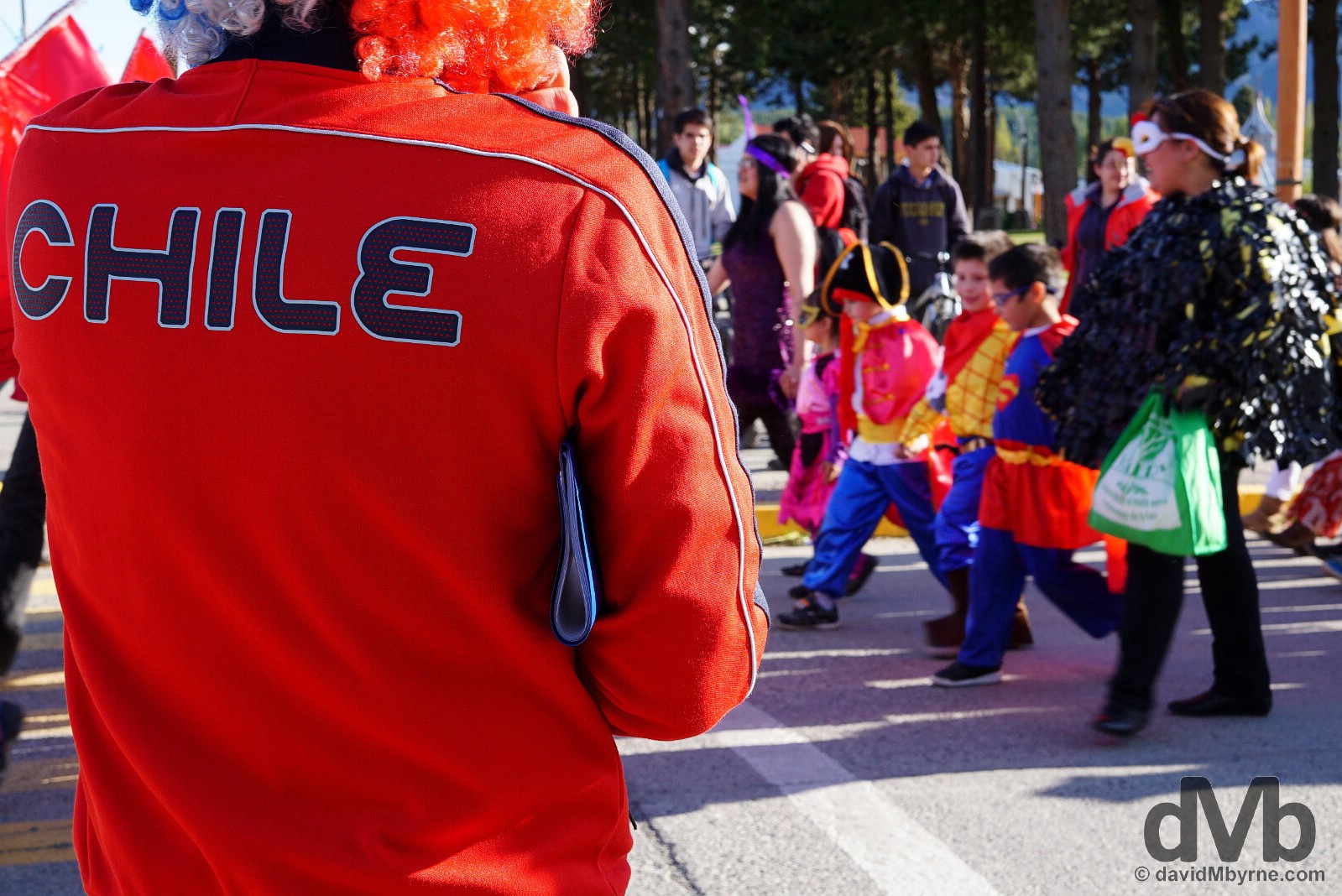 A Halloween parade by Plaza de Armas, Cochrane, Aysen, Chile. October 29, 2015.