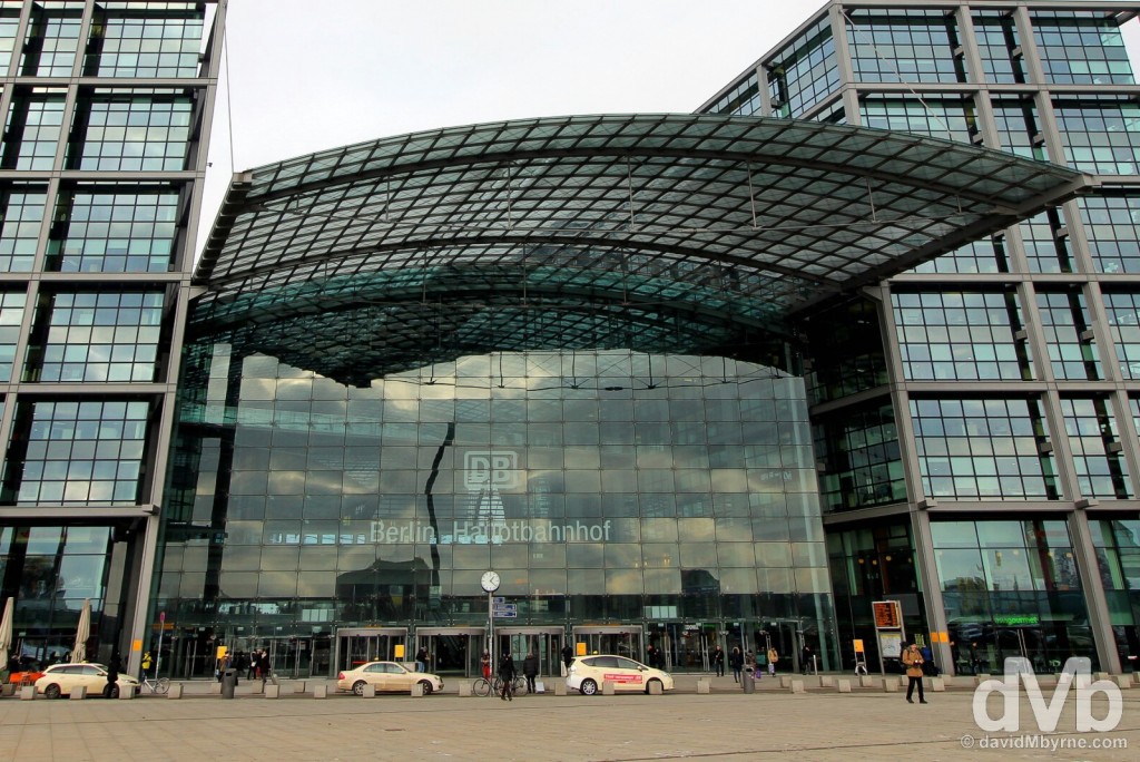 The glass-latticed facade of Berlin Hauptbahnhof, the main train station in Berlin, Germany. January 21, 2016.