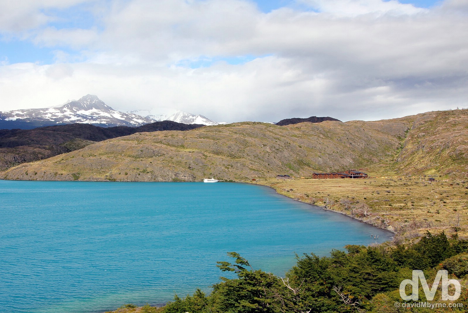 Lago (Lake) Pehoe & Refugio y Campamento Paine Grande in Torres del Paine National Park, Chile. November 22, 2015.