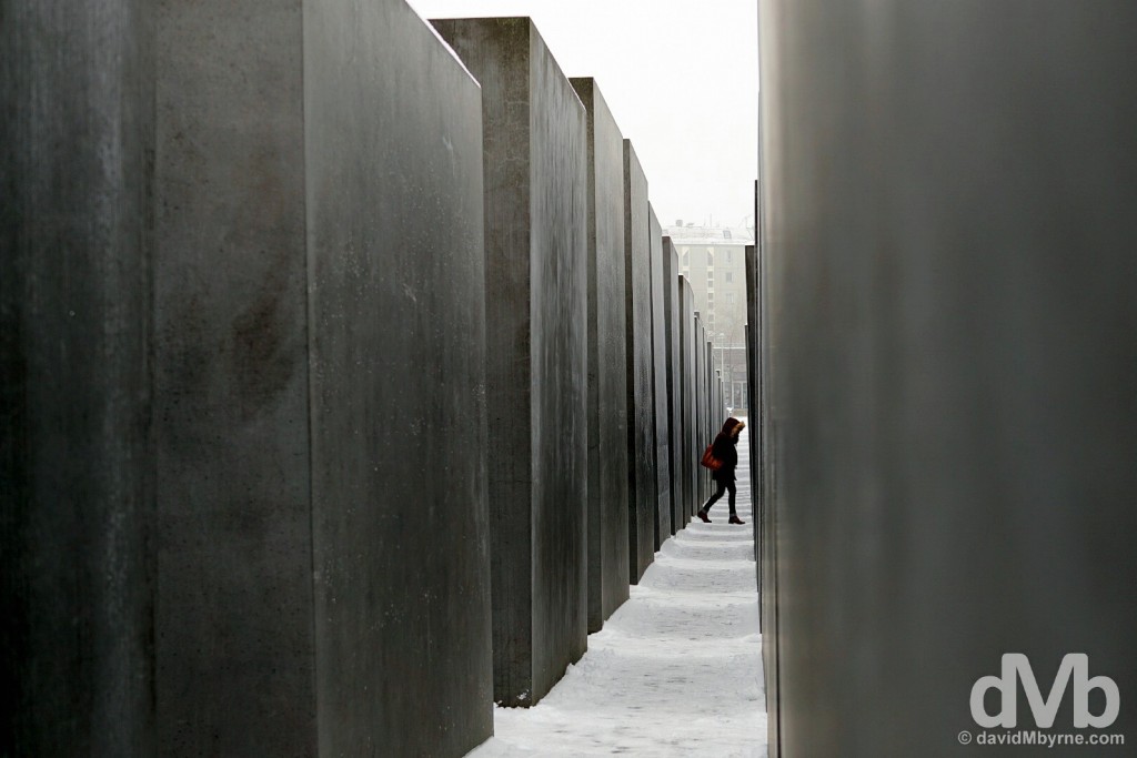 Walking through the two thousand, seven hundred and eleven gray concrete slabs, or stelae, of the Memorial to the Murdered Jews of Europe, a.k.a the Holocaust Memorial, in Berlin, Germany. January 23, 2016.