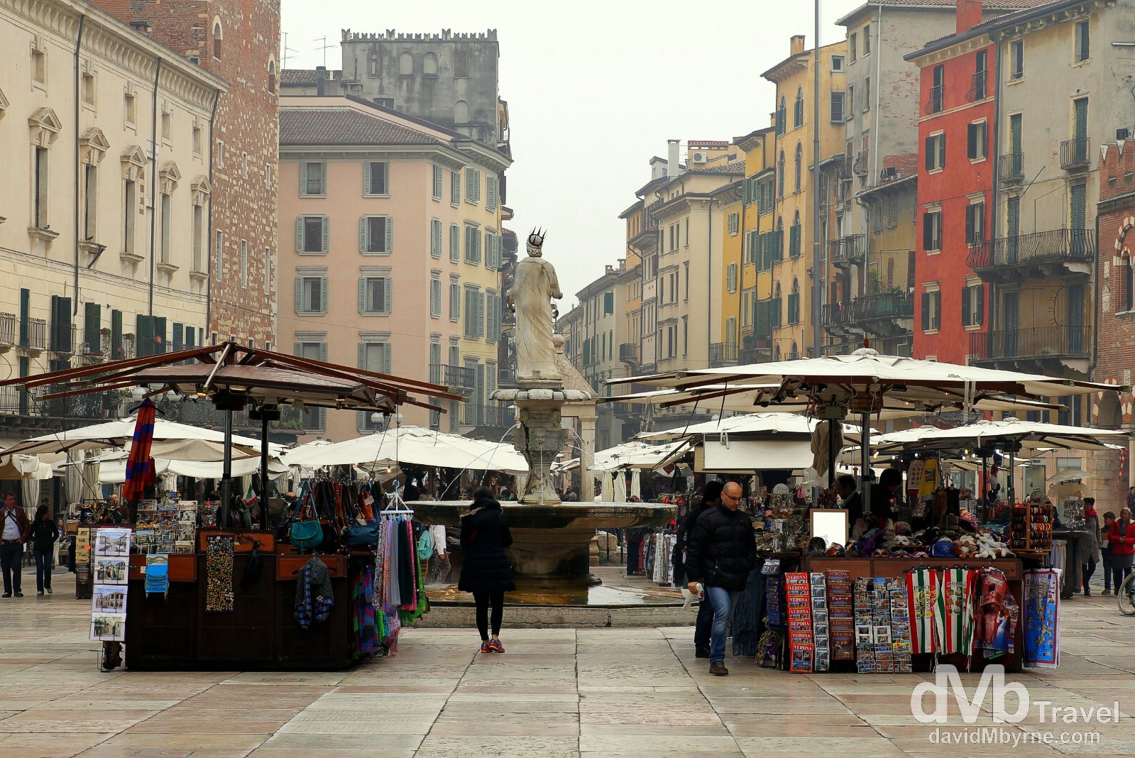 Stalls on Piazza Erbe, Verona, Italy. March 17, 2014.