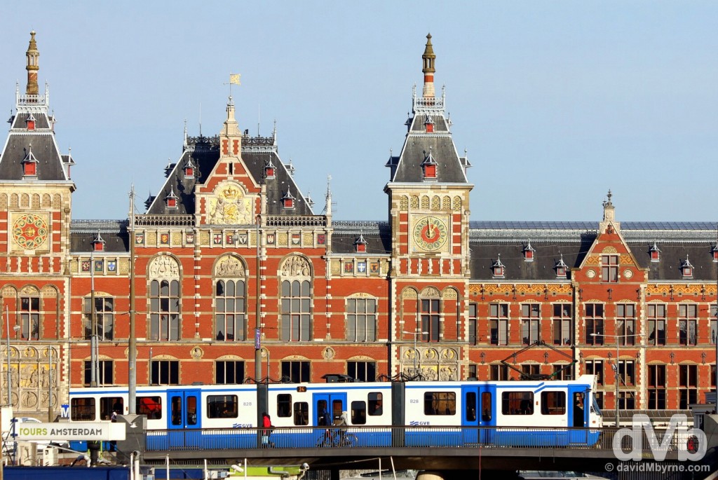 Trams fronting Centraal Station in Amsterdam, Netherlands. January 18, 2016.