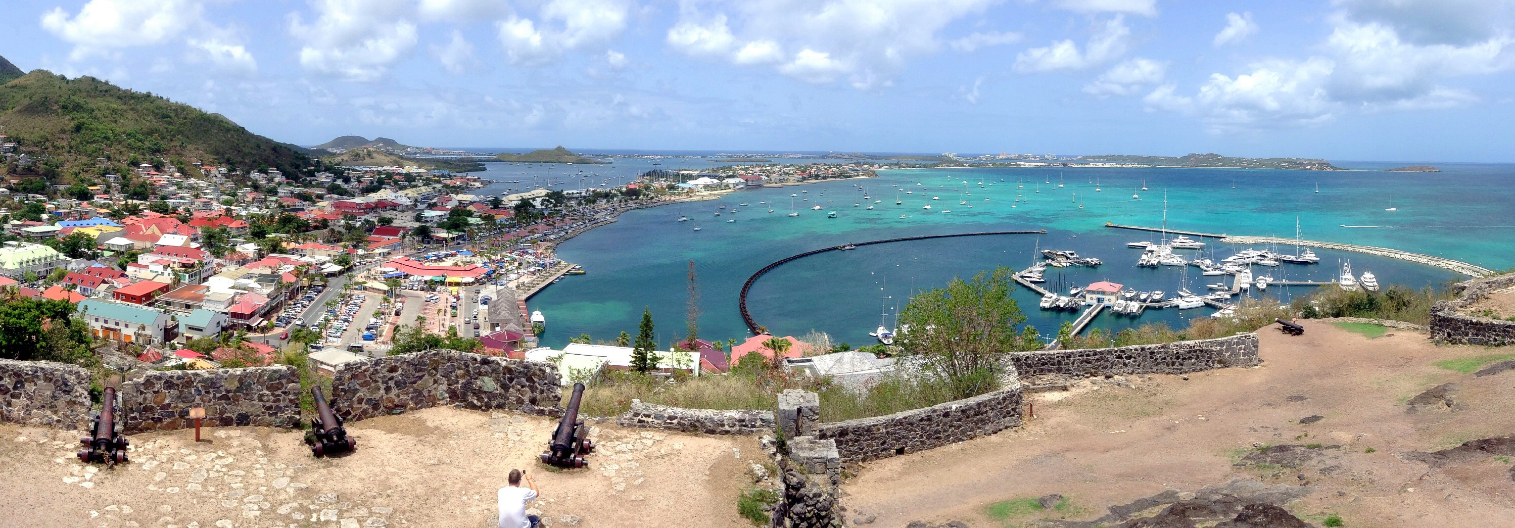 A panorama of the view from Fort Louis overlooking the town of Marigot, Saint Martin, Lesser Antilles. June 8, 2015.