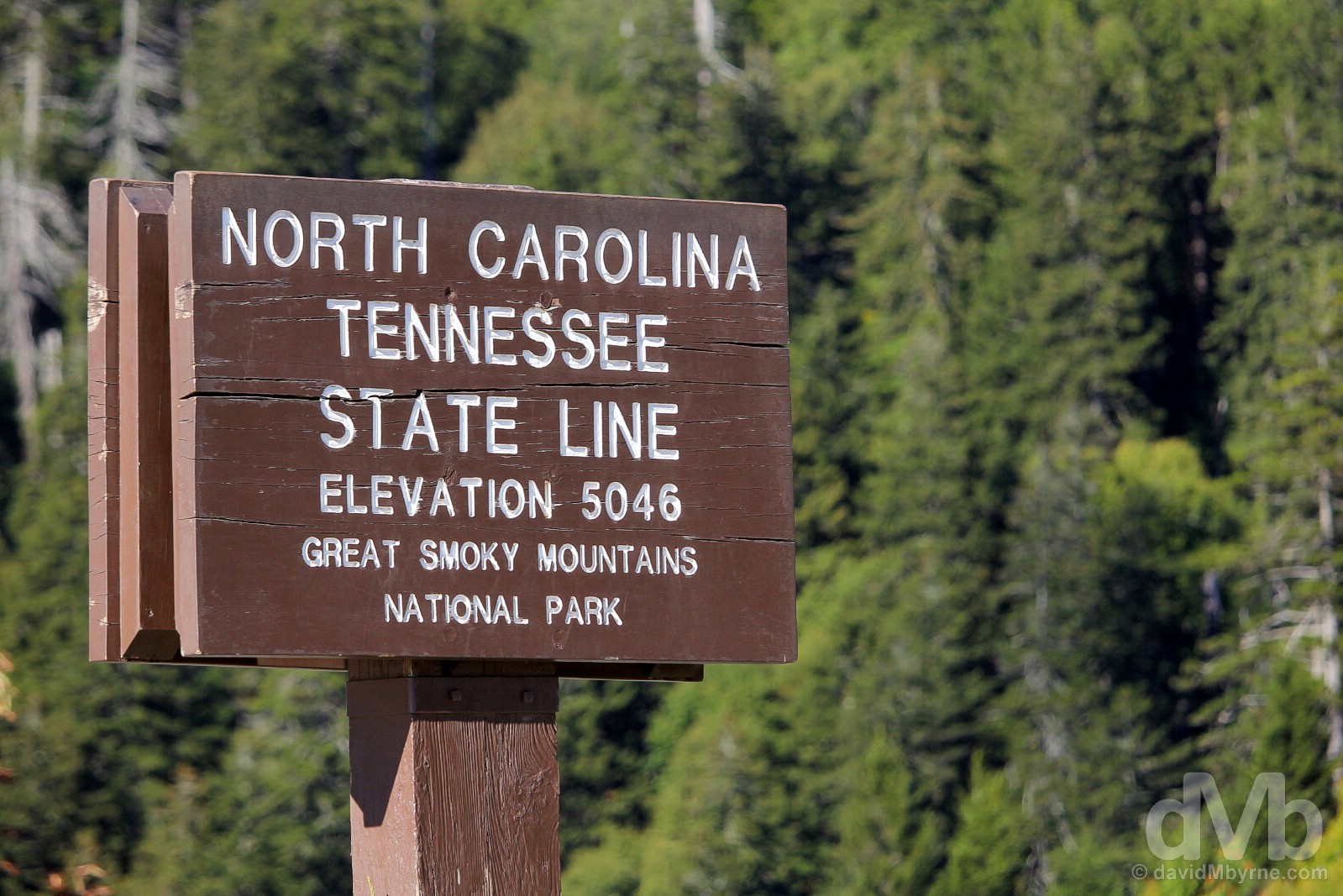 On the North Carolina-Tennessee state line atop Newfound Gap in Great Smoky Mountains National Park, USA. September 22, 2016. 