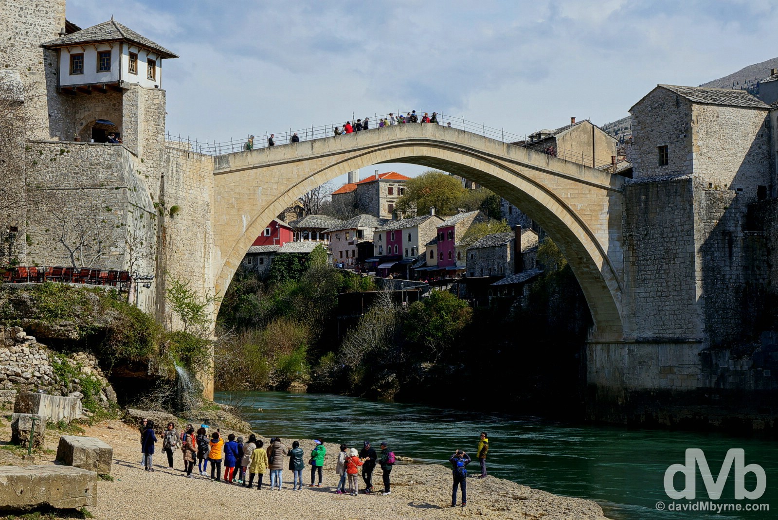 The iconic Stari Most (Old Bridge) over the Neretva River in Mostar, Bosnia & Herzegovina. April 6, 2015. 