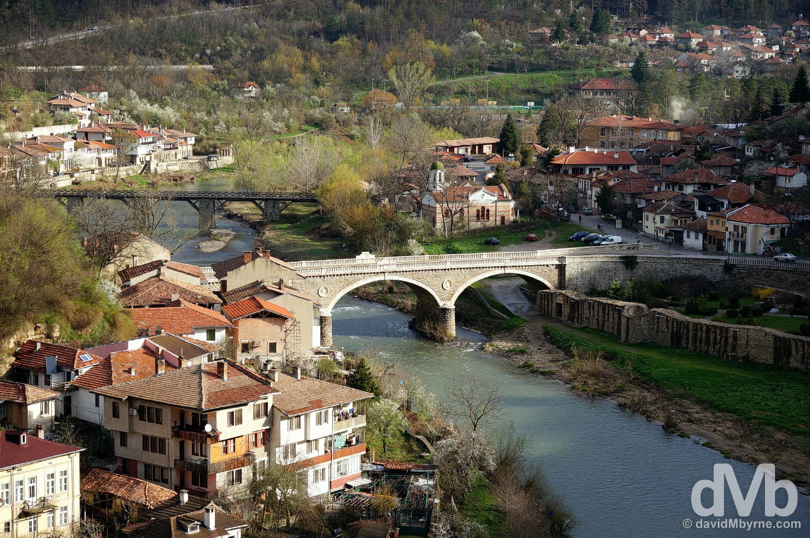 The Asenova district & the Yantra River as seen from the Tsarevets Fortress in Veliko Tarnovo, Bulgaria. March 31, 2015.