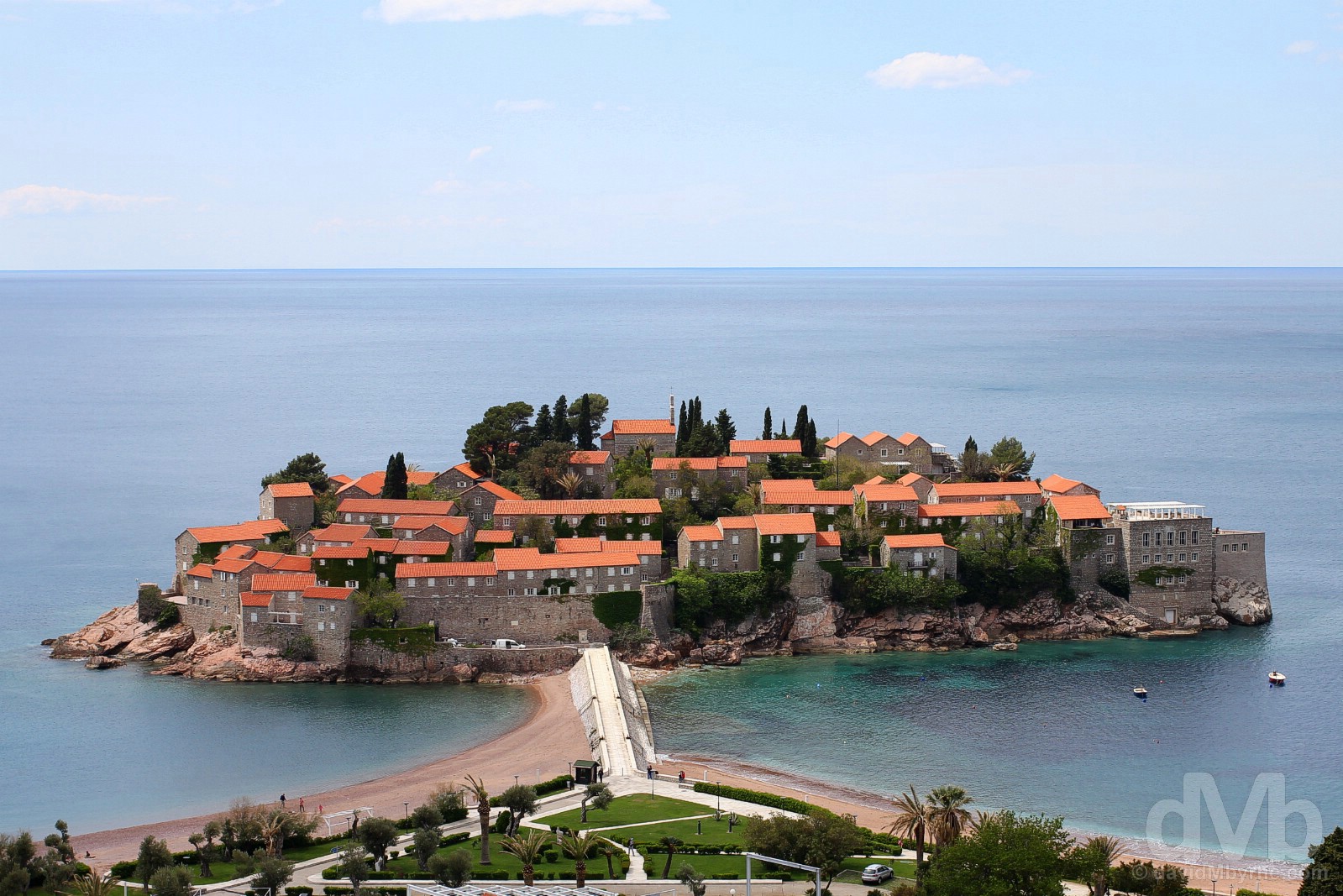 The uber-plush 5-star fortress resort island of Sveti Stefan as seen from the coastal-hugging E80, Budvanska Rivijera, Montenegro. April 21, 2017.