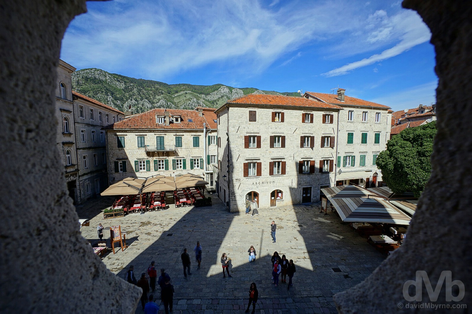 Trg sv. Tripuna (St. Tryphon's Square) as seen from the Cathedral of St. Tryphon, Stari Grad (Old Town), Kotor, Montenegro. April 20, 2017.